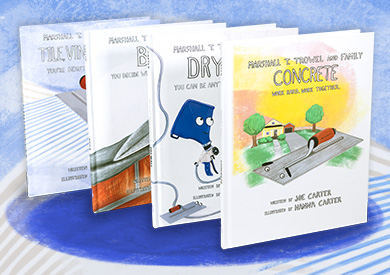 A bundle of MARSHALLTOWN's four children's books: Concrete, Drywall, Brick, and Tile, Vinyl, and Carpet